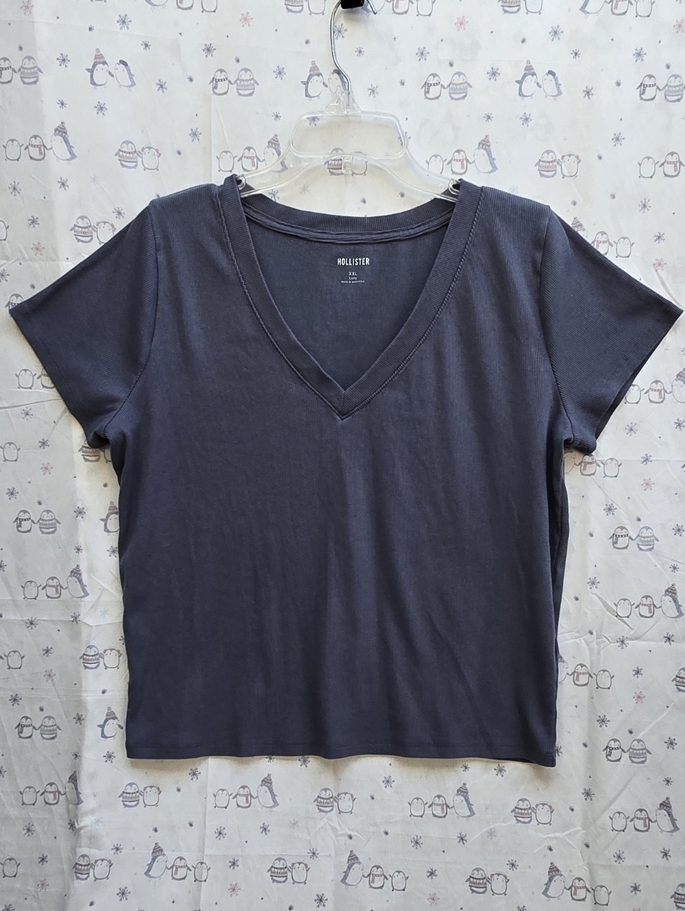 Hollister Women's V-Neck Soft Ribbed Fabric Short Sleeve Tee — Navy Blue